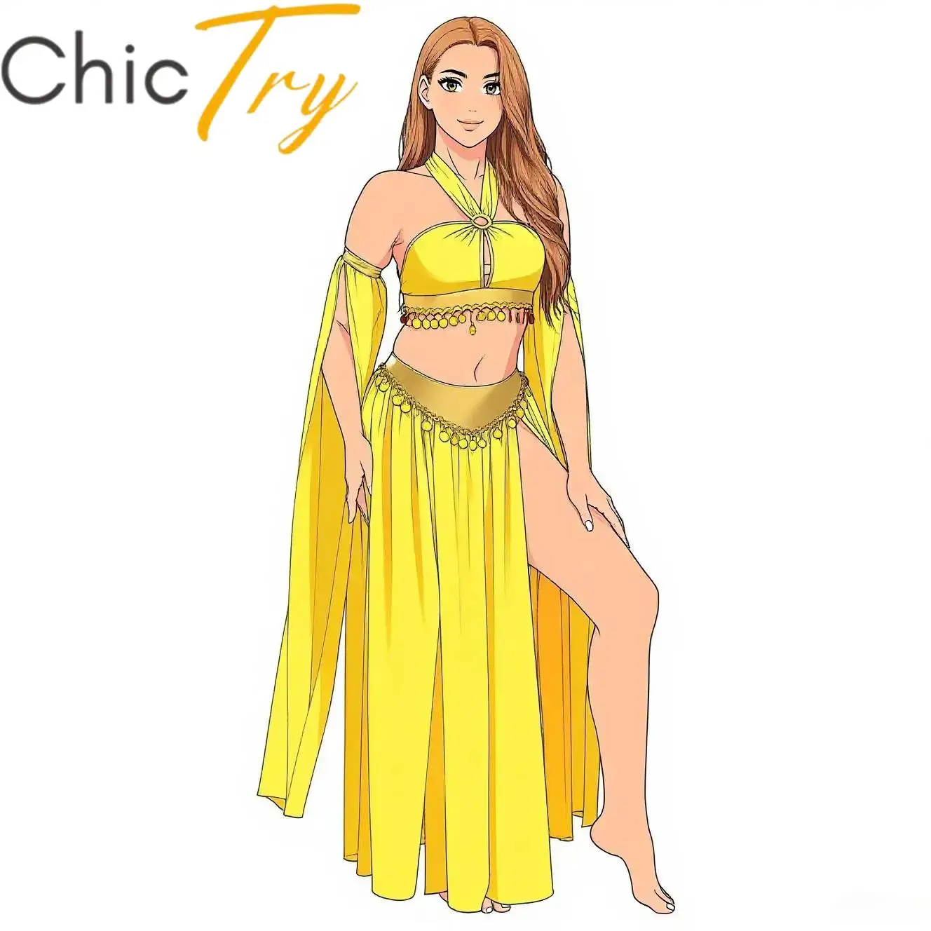 

Womens Belly Dance Sets Ballerina Performance Costume Sequins Crop Top with Side Slit Skirt Outfits Fairy Tale Stage Dress Up