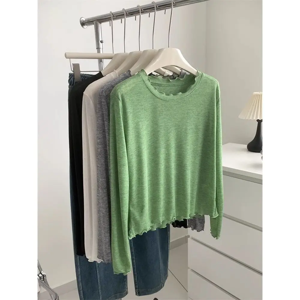 Camiseta de Manga Larga con Protección Solar y Borde con Diseño de Vetas de Madera Coloridas, Camiseta de Verano de Lyocell y...