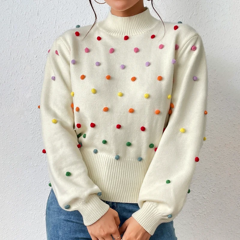 Jersey de punto de manga larga para mujer, Jersey elegante con decoración de bola de piel, cuello simulado, con cuentas, Invierno