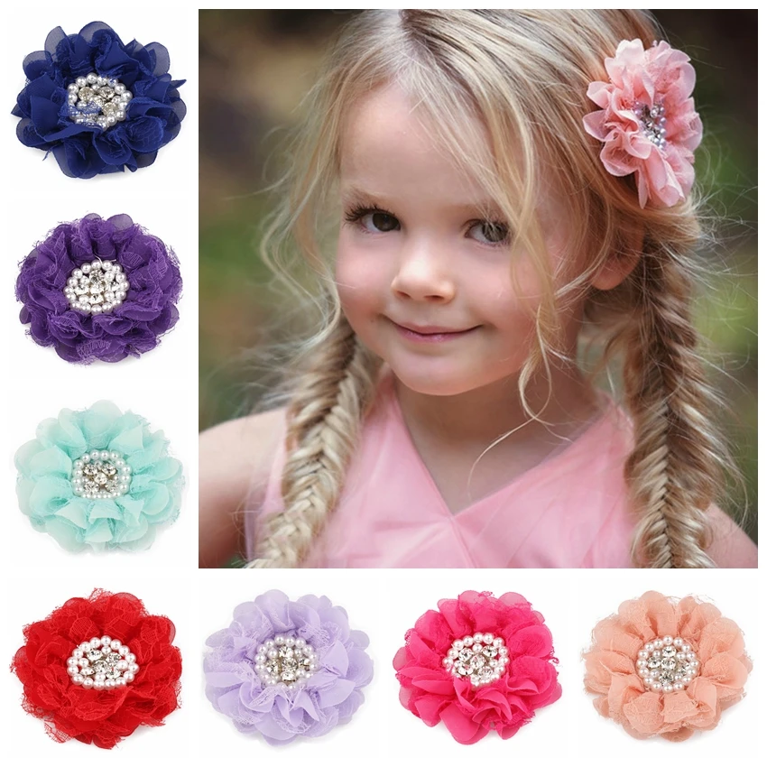 

20PCS 9CM Chiffon Lace Flower With Pearl rhinestone Center For Hair Accessories Rosette Shabby Fabric Flower Without NO Clip