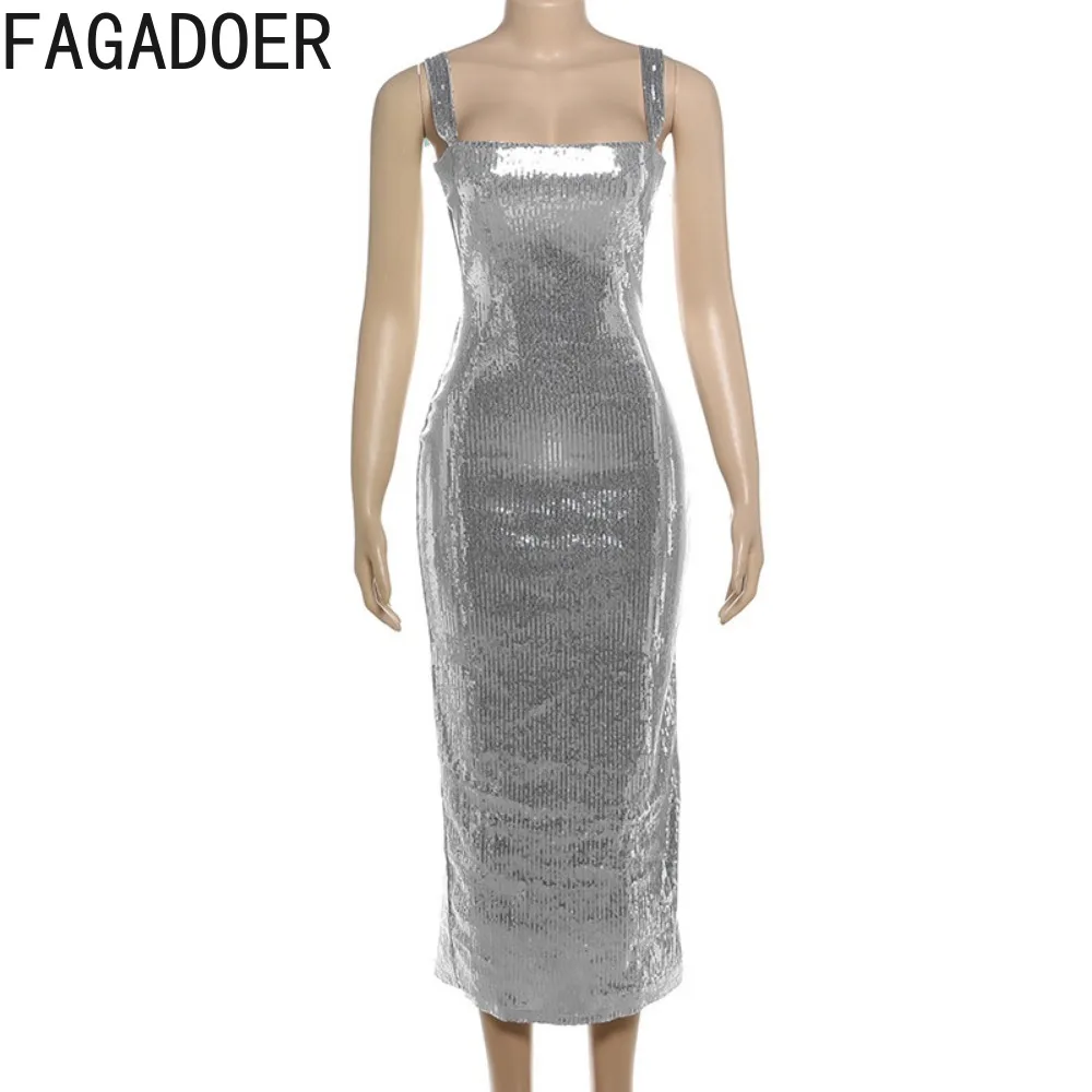 FAGADOER Fashion Sparkling Sequin Bodycon Suspenders Dresses Women Strap Sleeveless Backless Slim Vestidos Sexy Club Clothing