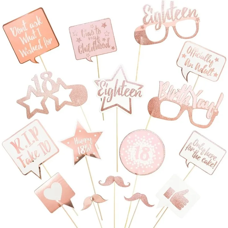 16Pcs Rose Gold 18th Birthday Milestone Photobooth Props Fully Assembled for 18 Years Eighteen Birthday Party Eyeglass Supplies