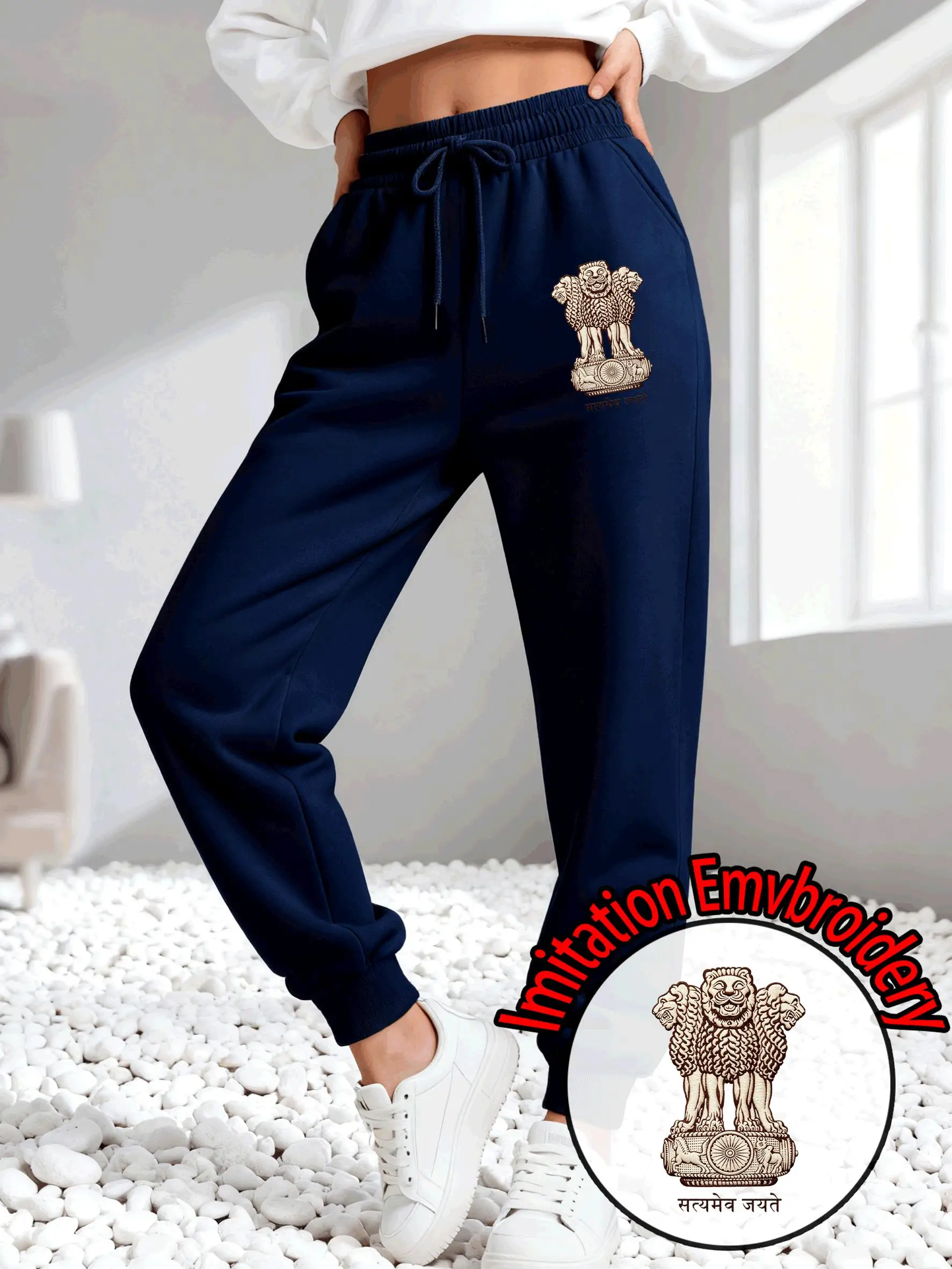India Imitation Embroidery Print Women Sweatpants Drawstring Pocket Trousers Street Autumn Pant Multicolor Jogging Pants