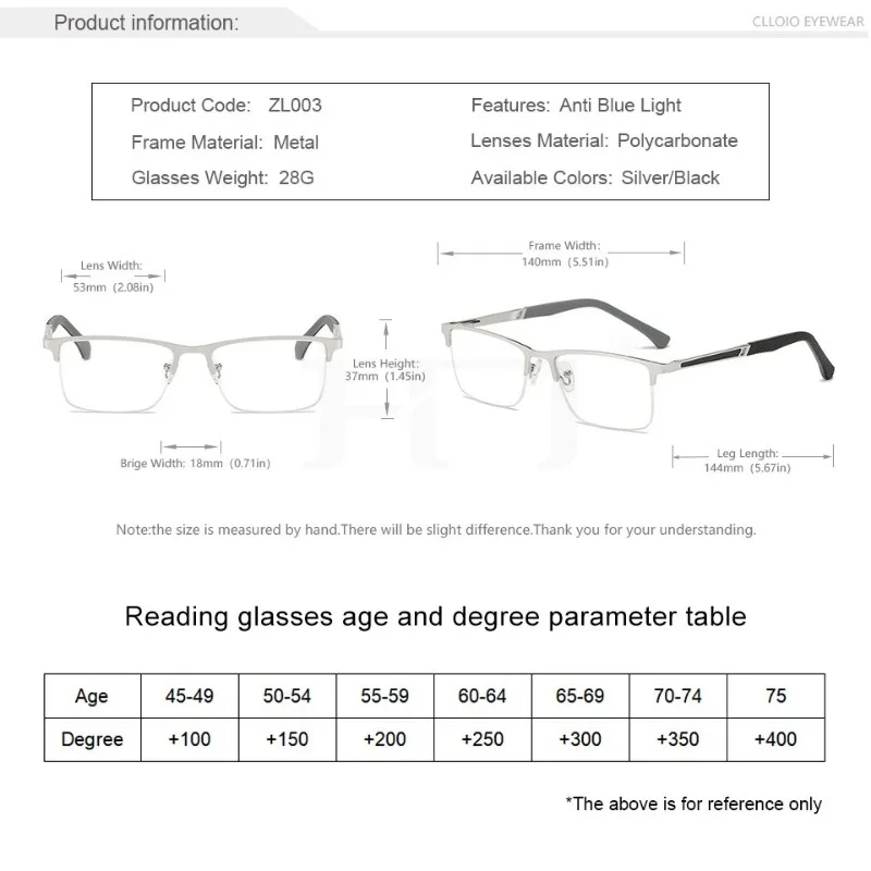 Men\'s Reading Glasses +0.5 To +4.0 Business Reading Lens Metal Frame Optical Anti Blue Light Presbyopia Glasses with Class