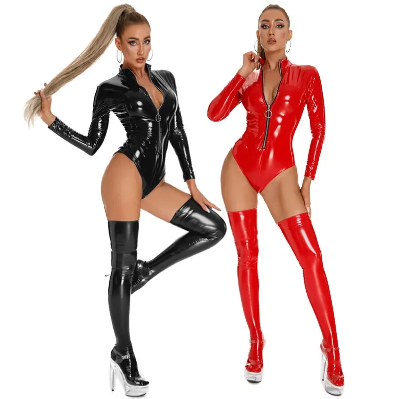 

Plus Size Sexy Open Crotch PVC Leather Bodysuit Erotic Shaping Bodycon Ladies Shiny Latex Sheath Leotard Zipper Crotchless Sexi