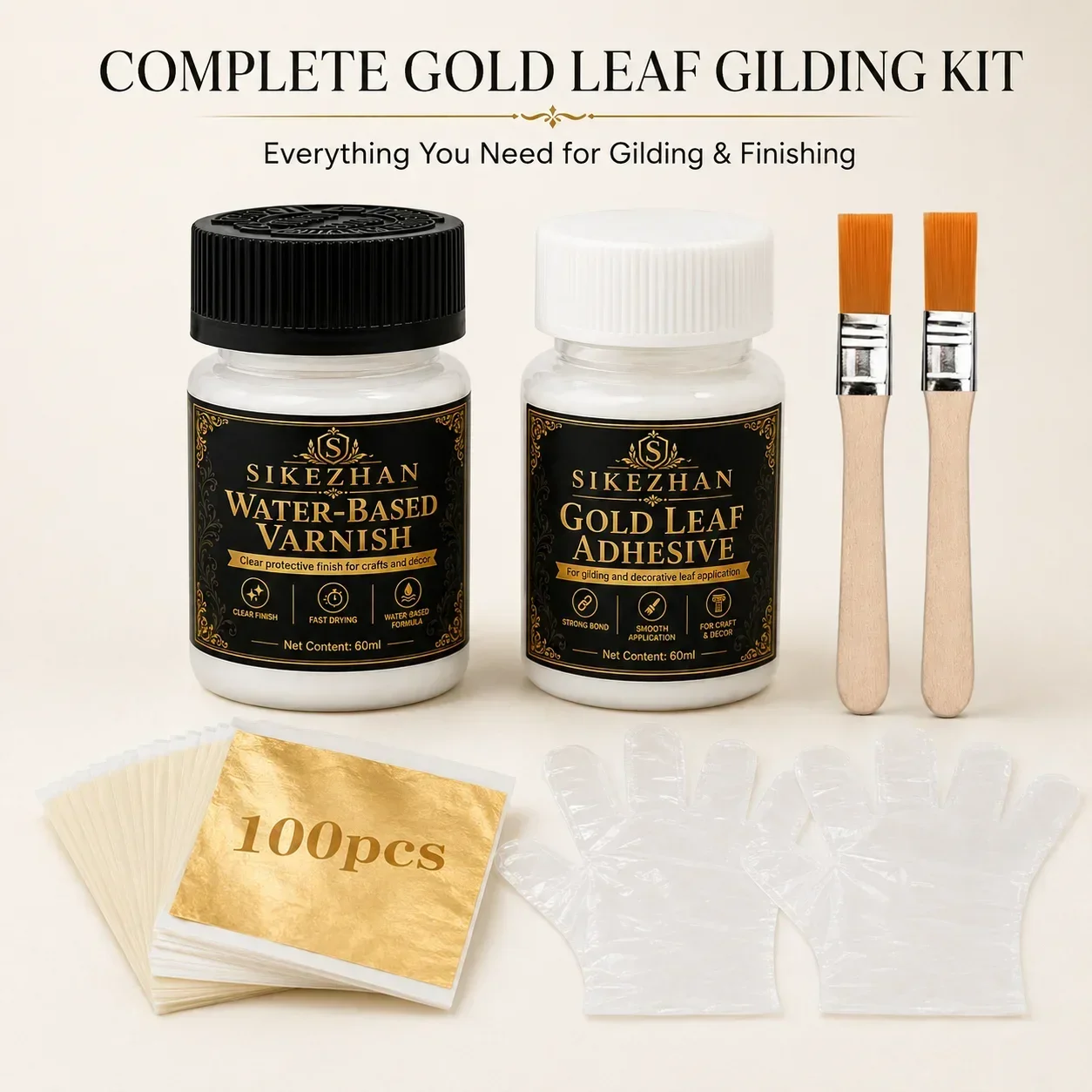 100 Stück Goldfolienblätter Vergoldungsset 60ml Wasserbasierter Klebstoff & Klarlack für DIY Möbel Holzkunst Handwerk Dekoration – Detail 1