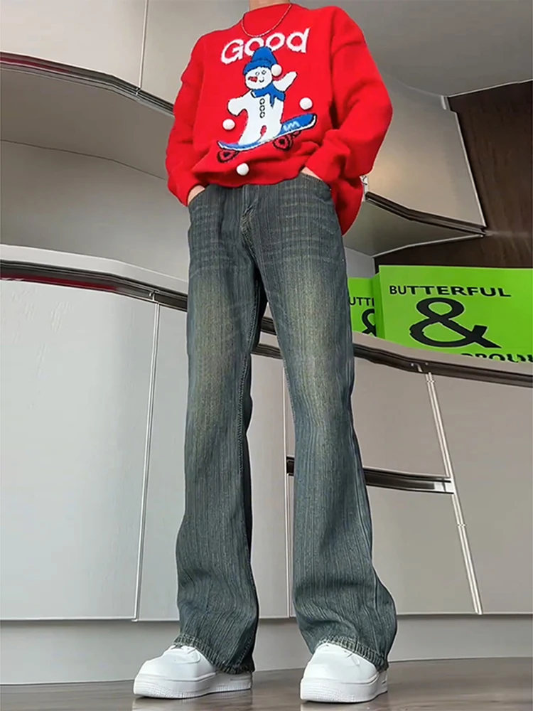 

Waed Vintage American High Street Men's Jeans High Waist Long Straight Leg Micro Flared Cotton Polyester Blend Denim