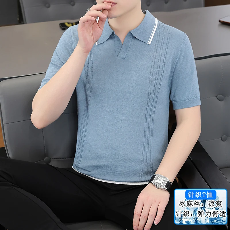 Summer Men's High-Quality Fashion Casual Knitted Linen Silk Seagull Collar Polo Shirt with Jacquard