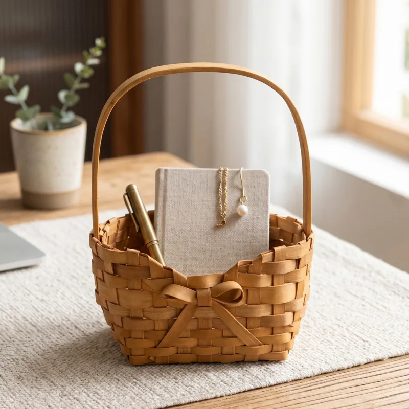 Handwoven Handheld Bow Flower Basket Straw Storage Bin For Women Wedding Table Centerpiece Mothers Day Dragon Boat Festival Gift