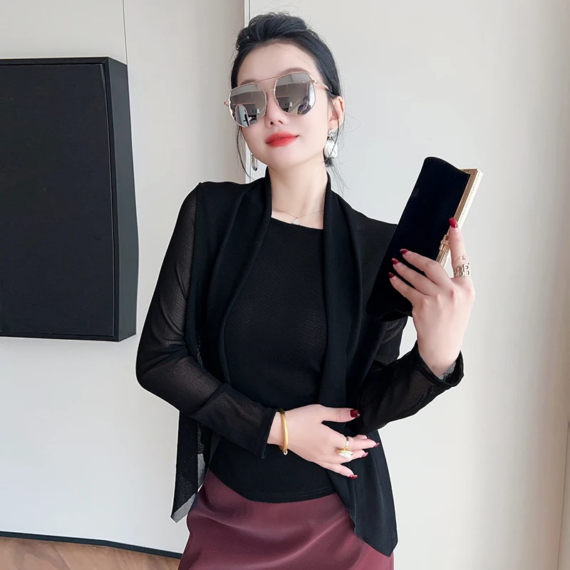 Summer,European,Clothes,Mesh,Thin,T-Shirt,Fashion,Sexy,O-Neck,Wraps,Patchwork,Women,Tops,Long Sleeve,Slim,Hot,Tees,New,6814001