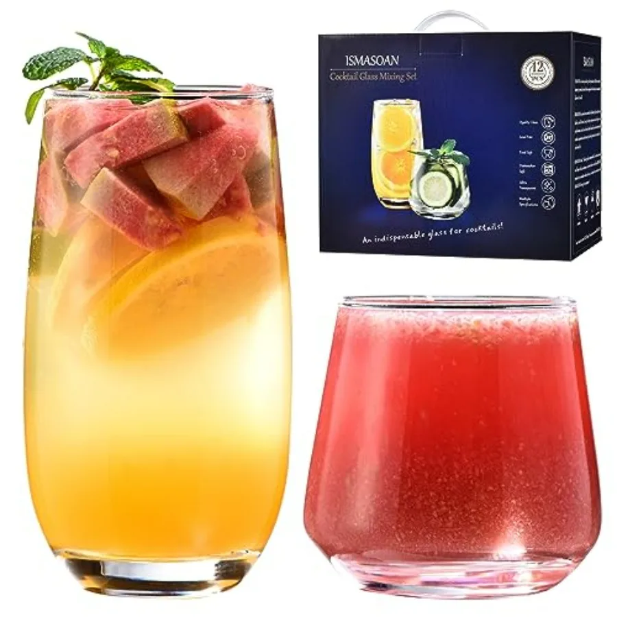 

Drinking Glasses Set of 12-6 Tall Glass Cups 17 oz and 6 Short Stemless Wine Glasses 10 oz, Glass Sets for Drinking, Glassware