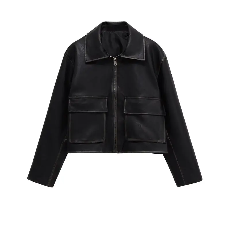 ฤดูใบไม้ร่วง 2025 ผู้หญิงหนังJet Coat Flip Collar Patch Ketอเนกประสงค์Outerwear Orความยาวซิปปิดฟังก์ชั่นความอบอุ่น