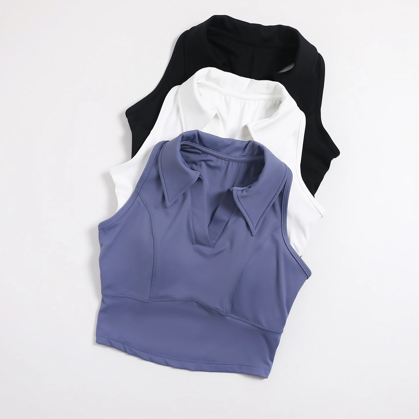 Women Polo Collar V Notch Sleeveless Yoga Tank Top Fixed Cup Soft Breathable Gym Workout Sports Crop Top