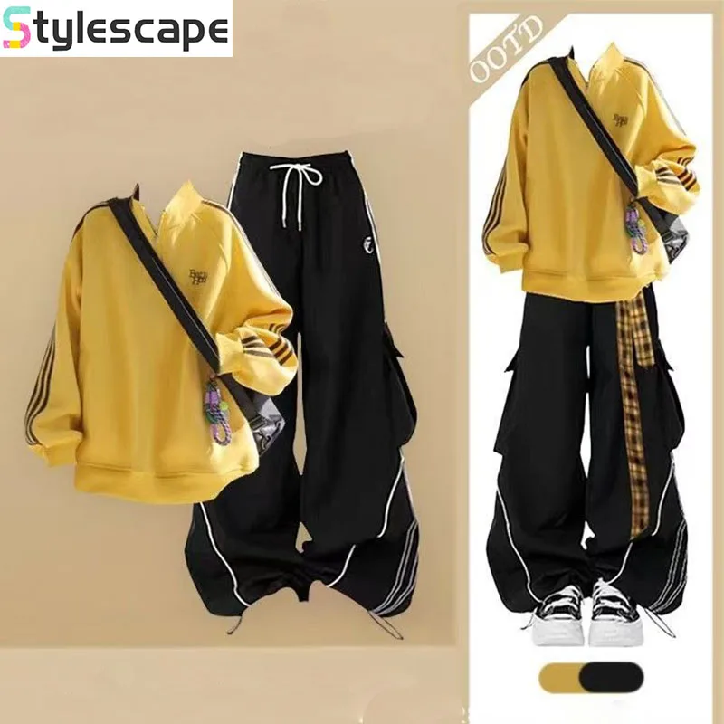 

Lazy Style Sports Suit Women's Autumn and Winter Loose Contrasting Zipper Sweatshirt Wide Leg Pants Two-piece Set Casual Wear