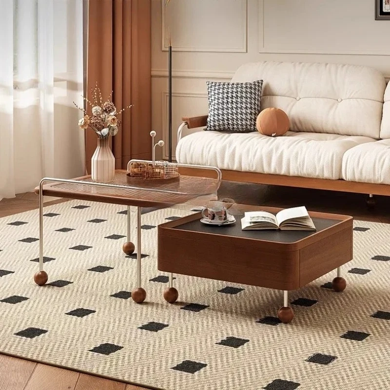 

French retro size combination coffee table living room household solid wood rock slab storage retractable tea table