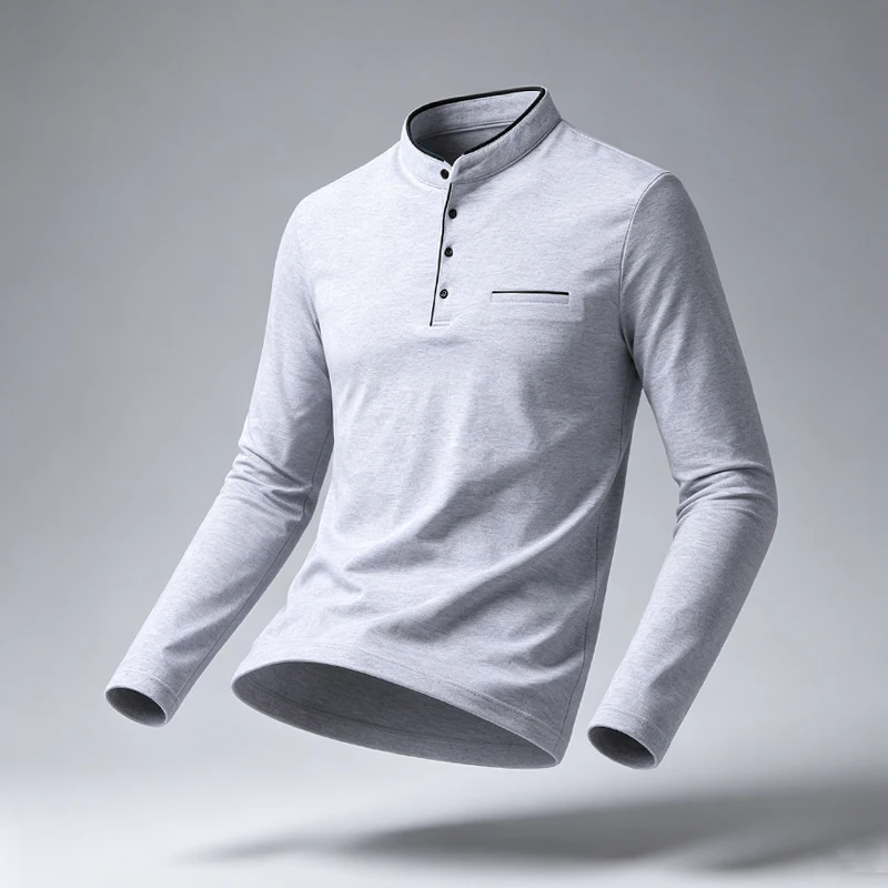 Herren-Polohemd mit Stehkragen, langärmelig, mit Brusttasche, ideal für Spaziergänge im Freien, Wochenendausflüge und Freizeitaktivitäten. – Detail 12