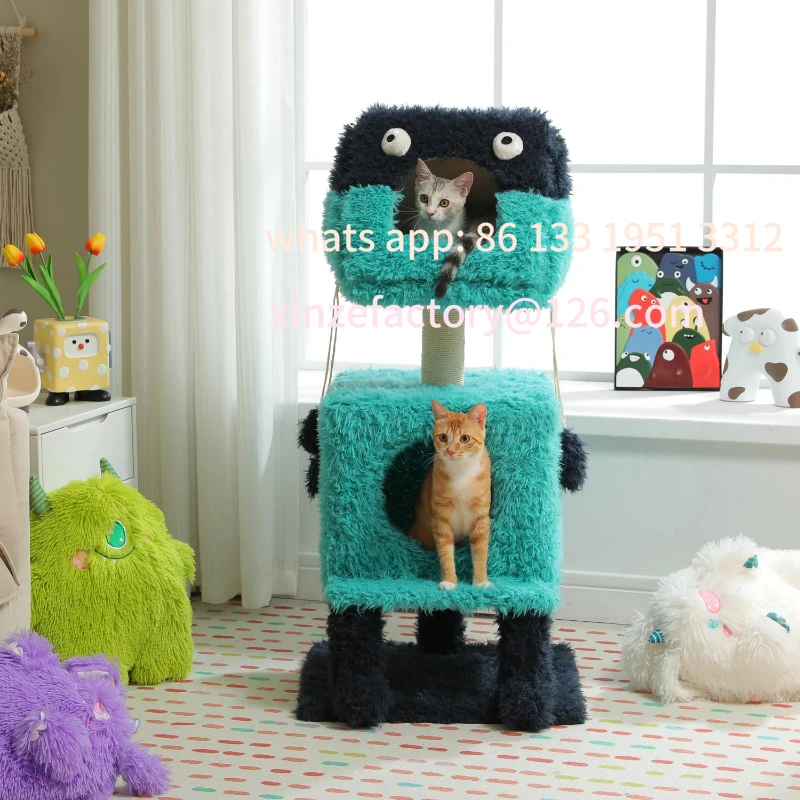 

Customizable Monster Series Cute Cat Tree Tower Plush Modeling with 2 Big Cat Condos Cat Scratching Post with Plush Shoes Strang