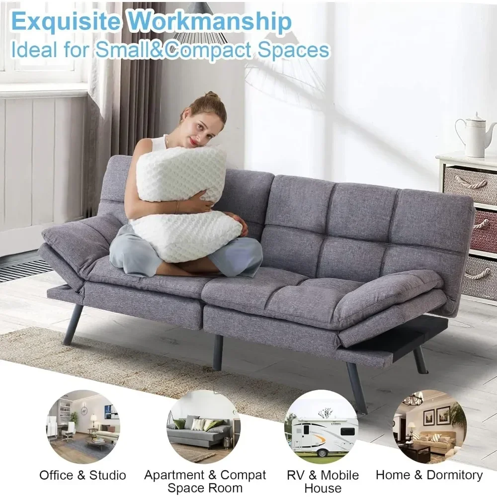 Cabrio Memory Foam Couch Bett, modernes Schlafs ofa mit verstellbaren Armlehnen und Rückenlehnen, Weihnachts-Futon-Sets,Grey-01