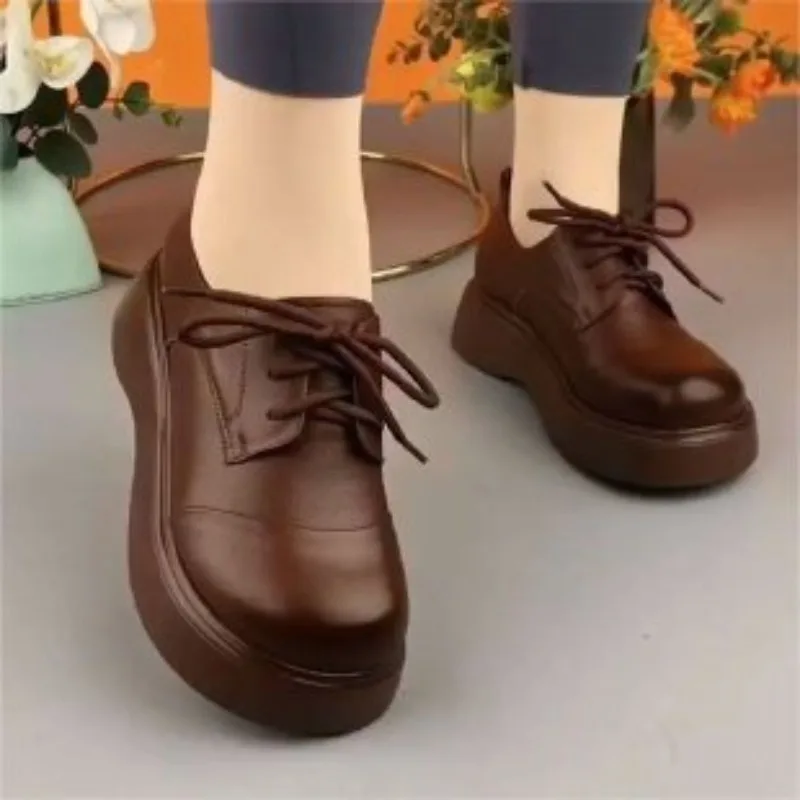 Black Shiny Thick Platform Lace Up Leather Shoes Women, Round Toe Flatform College Style Fall Winter Casual Commute Flats