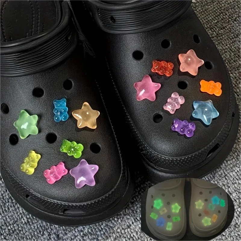 14pcs Glow-in-the-Dark Star Bear Shoe Charms Easy Install Fun DIY hole shoes Buckles for shoes Accessories Kids Party Girls Gift