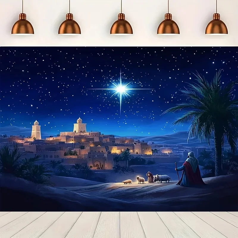 VIKAMA Religious Christmas Tapestry Bright Star Desert City Palm Tree Wall Hanging Home Bedroom Festival Wall Art Decor