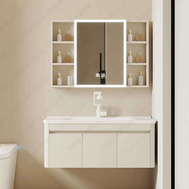 

Wall Mounted Bathroom Vanity Combo With One Piece Wash Sink Basin Mirror Cabinet Floating Large Storage Cabinet With Faucet Set