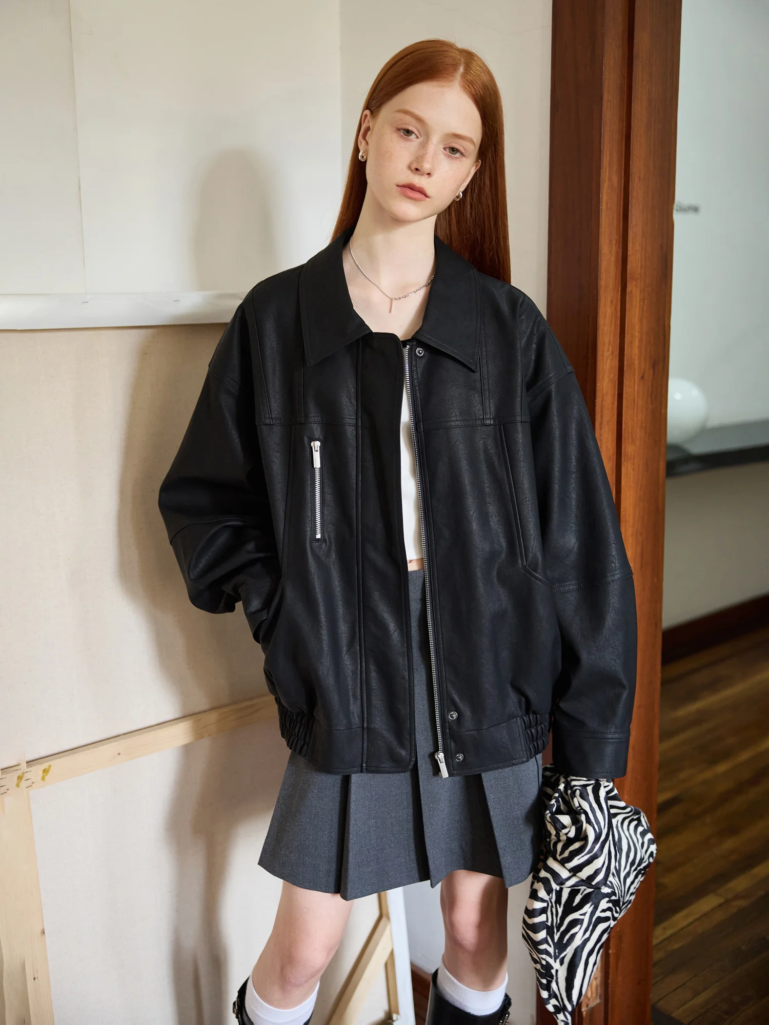 เสื้อแจ็คเก็ตหนังสไตล์เรโทร ซิปแบบด้าน ทรงหลวม แขนยาว ปกพับ แฟชั่นฤดูใบไม้ร่วงแบบดั้งเดิม