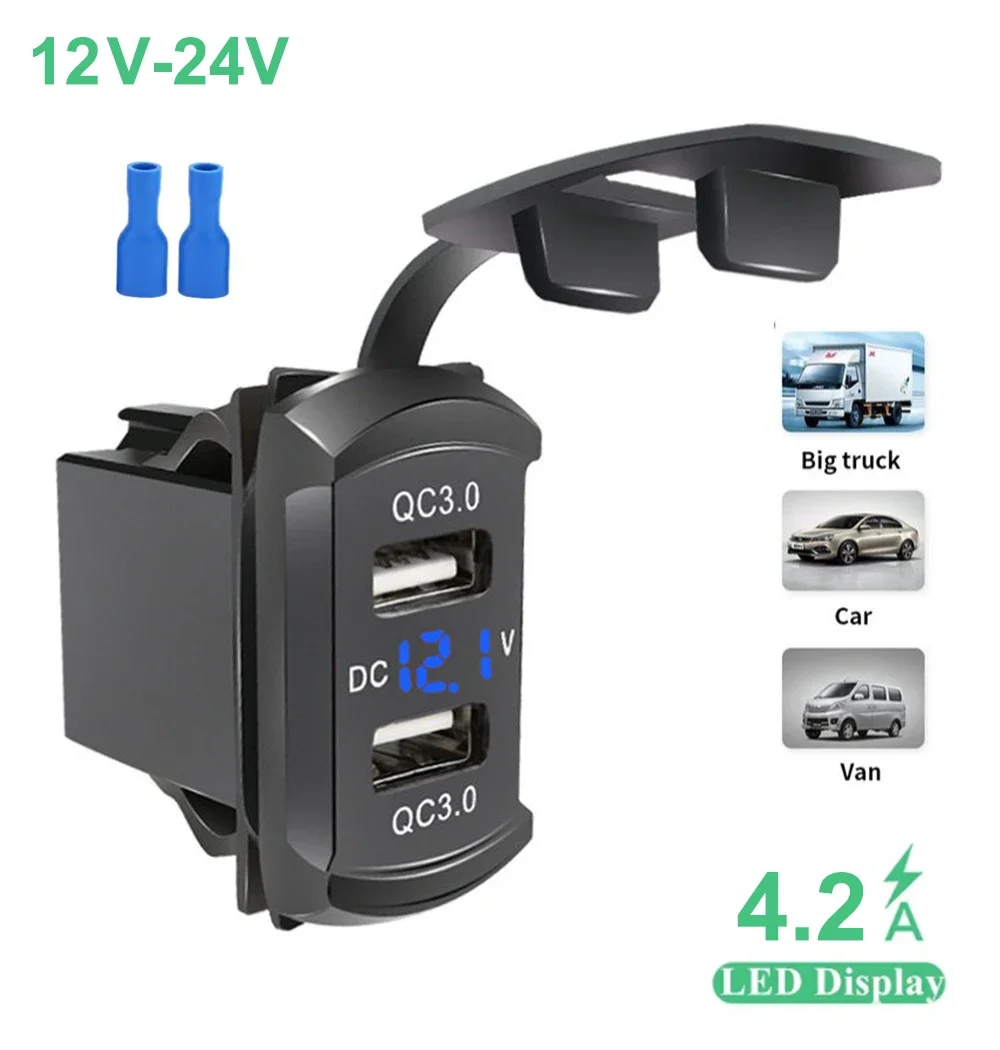 Universal Car Charger Waterproof QC3.0 Dual USB Ports 12-24V Display Auto Adapter For Toyota Quick Charging Car Accessories