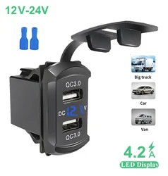 Universal Car Charger Waterproof QC3.0 Dual USB Ports 12-24V Display Auto Adapter For Toyota Quick Charging Car Accessories