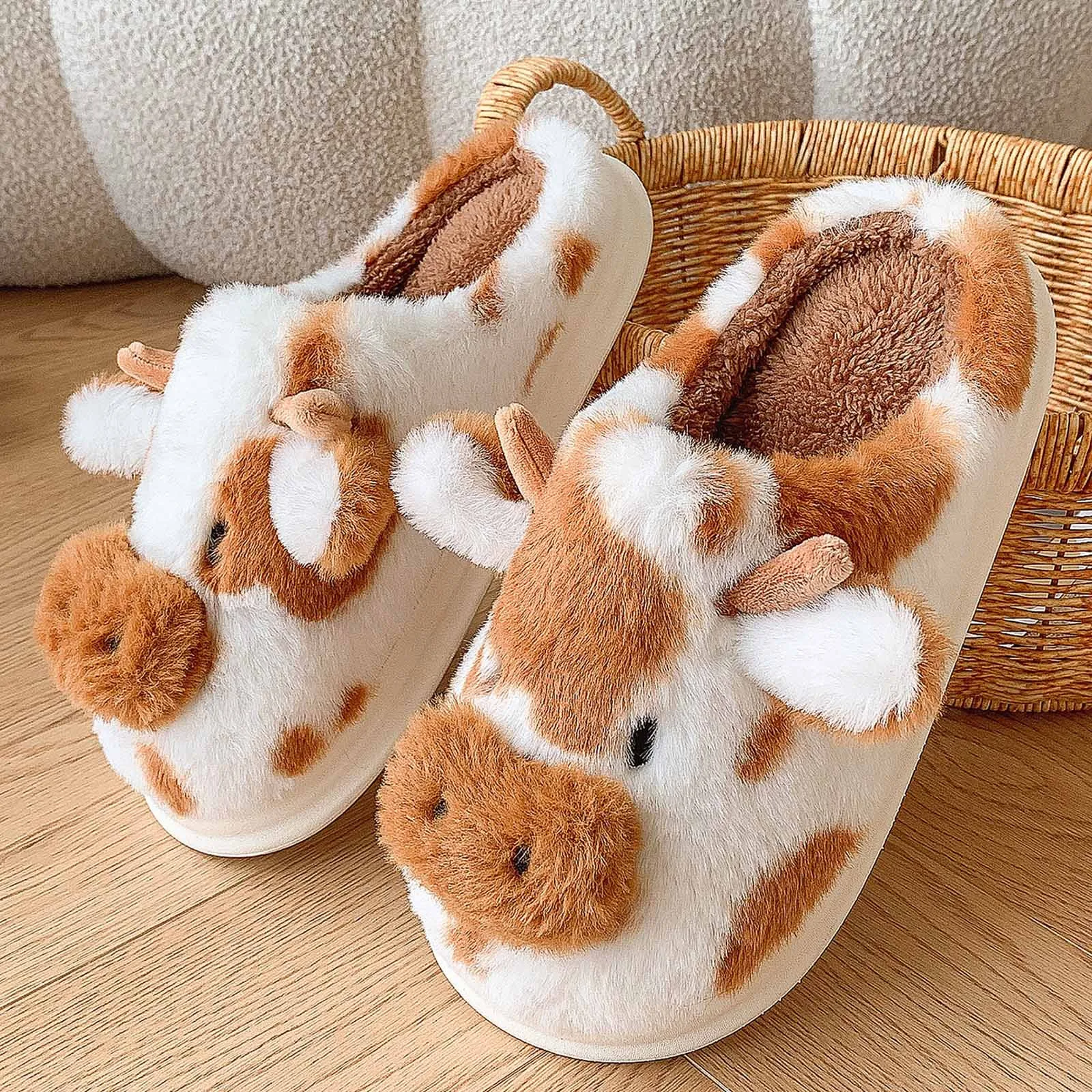 New Winter Cartoon Cow Plush Slippers women 2024 Indoor Non-slip House slides shoes woman soft Toe Wrap Home Cotton Shoes ladies