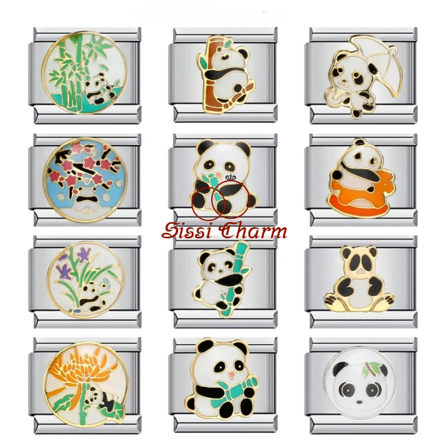 Sissi Fashion Cute Y2k Colorful Glaze Panda Charms Italian Charms Links 9mm Bracelets Bangle Stainless Steel DIY Making Jewelry