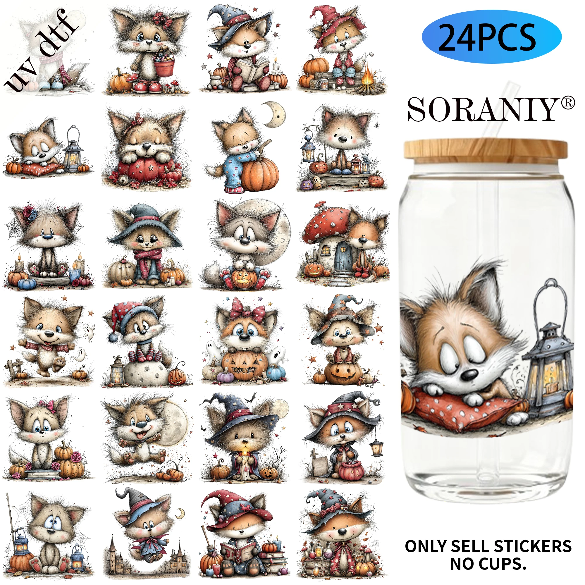 24PCS/Set Pumpkin Fox Halloween  Themed UV DTF 16OZ DIY Transfer Paper Set Golden Text Used For 16oz Water Bottles Glass