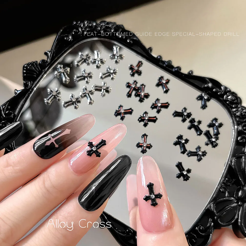 10Pcs Halloween Punk Cross Nail Charms 7*9mm Diamond Metal Cross Nail Art Decoration 3D Luxury Classic Cross Manicure