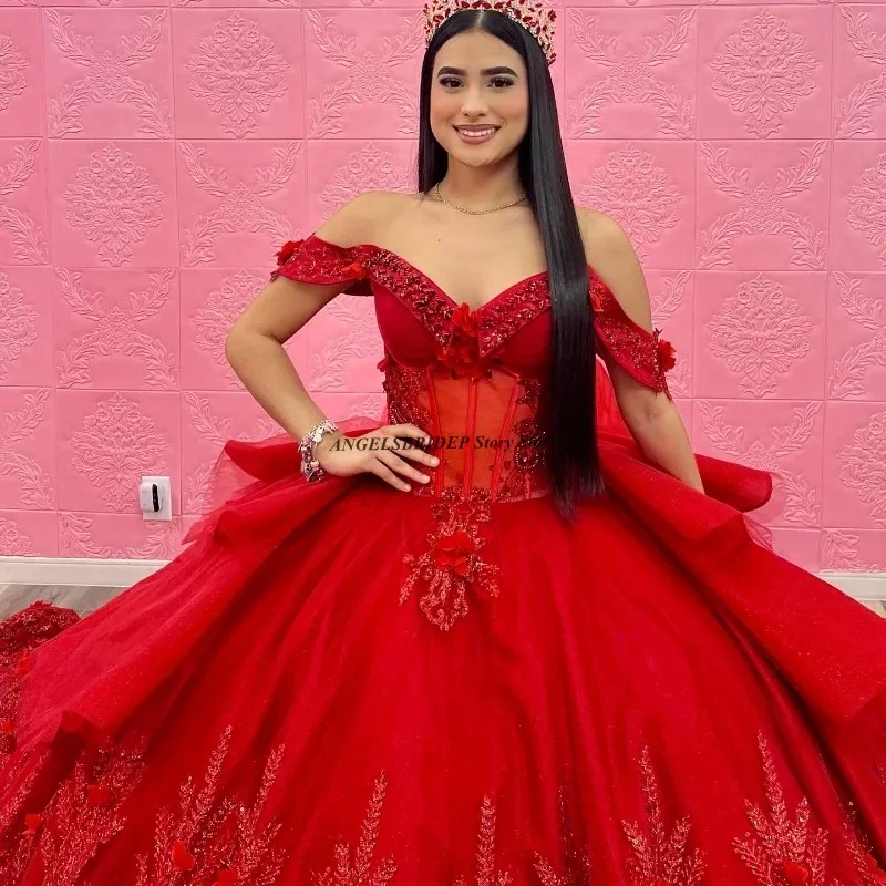 ANGELSBRIDEP Красные кружевные платья Quinceanera с блестками Бальные платья с открытыми плечами Аппликации из бисера Оборки Соборный шлейф по индивидуальному заказу