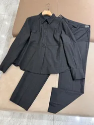 Autumn 2024 B*C Women's Wool Blended Pants Suit Beading Long-sleeved Shirt + Straight-leg Trousers Set