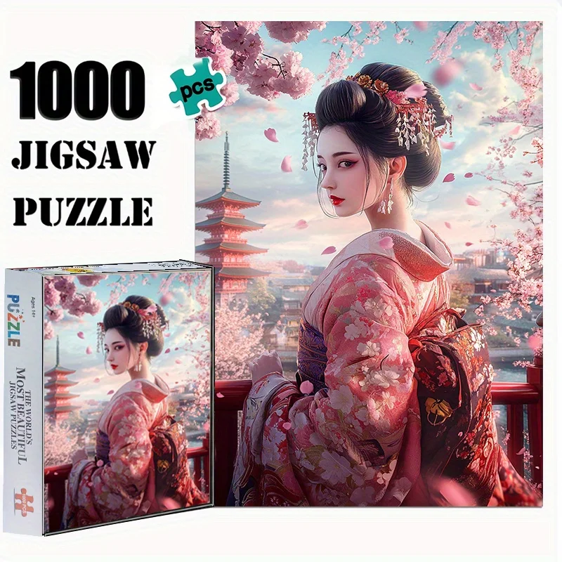 1000 Stück Puzzle für Erwachsene – schöne Geisha im verzierten Kimono mit Kirschblüten und japanischer Pagode, 50 x 70 cm (19,7 x 27,