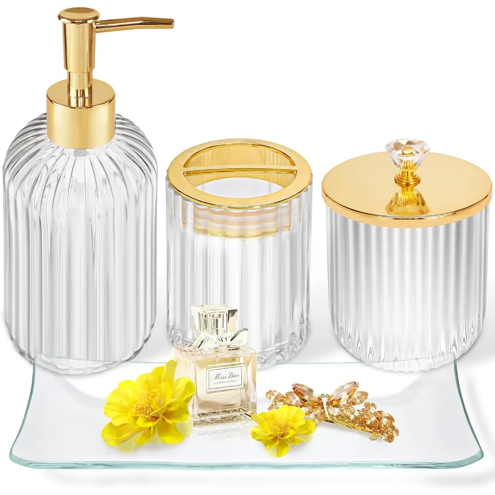 

Gold Bathroom Accessories 4Pcs of Glass Bathroom Counter Organizer Set,Toothbrush Holders, Soap Dispenser, Apothecary Jar,