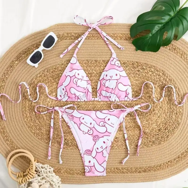 2Pcs Cartoon Cinnamoroll Print Bikini Set Women Pink White Halter Triangle Swimsuit Tie Side Two-Piece Bathing Suit Beachwear