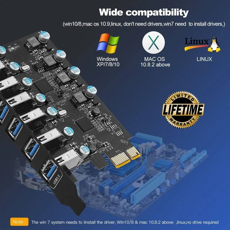 PCI-E To 7 Ports USB 3.0 Converter Card PCIE x1 USB3.0 Hub  Adapter Card NEC720201 Chipset No Power Supply Required for Desktop