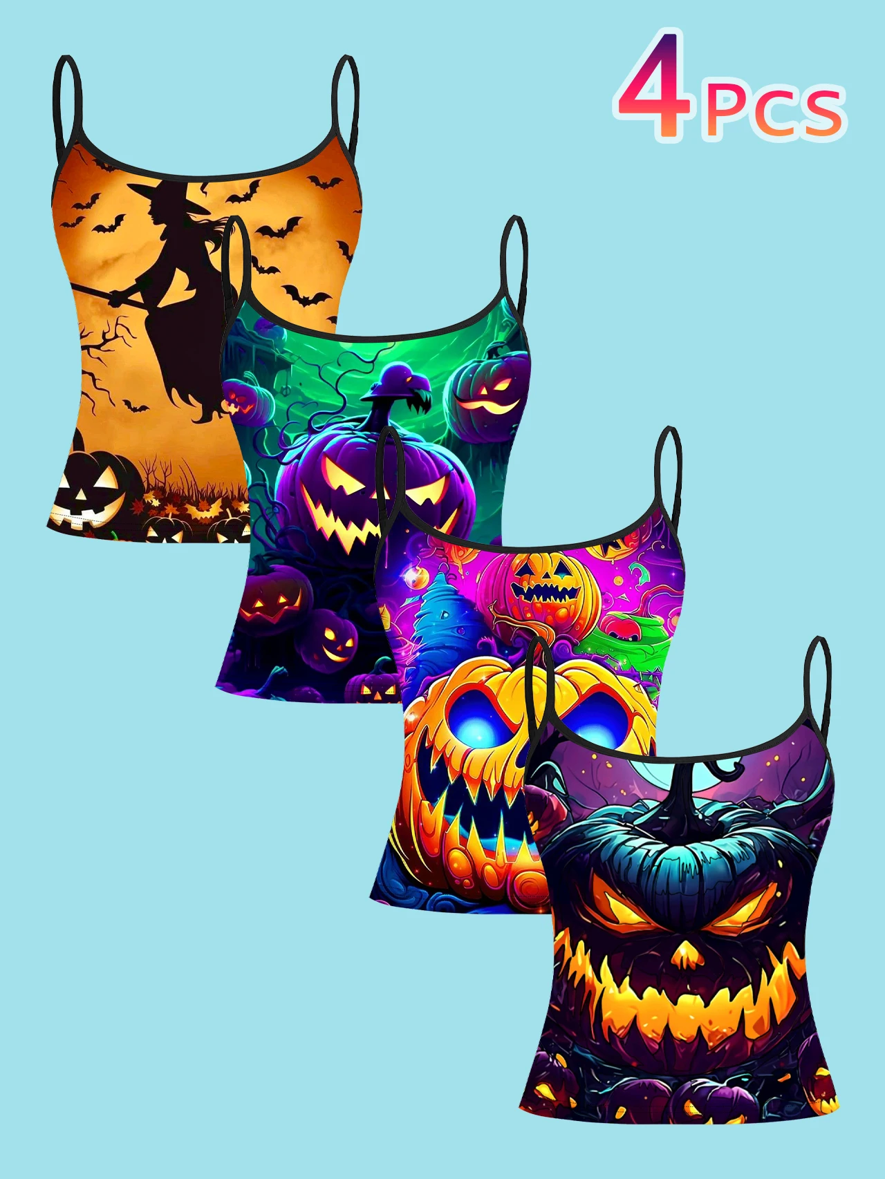 4-Pack Neon Halloween Pumpkin Witch Women's Camisole Tops, Flying Bat Witch Colorful Ghost Face Pumpkin Print Slim-Fit Spaghetti Strap Short Camisole Tops