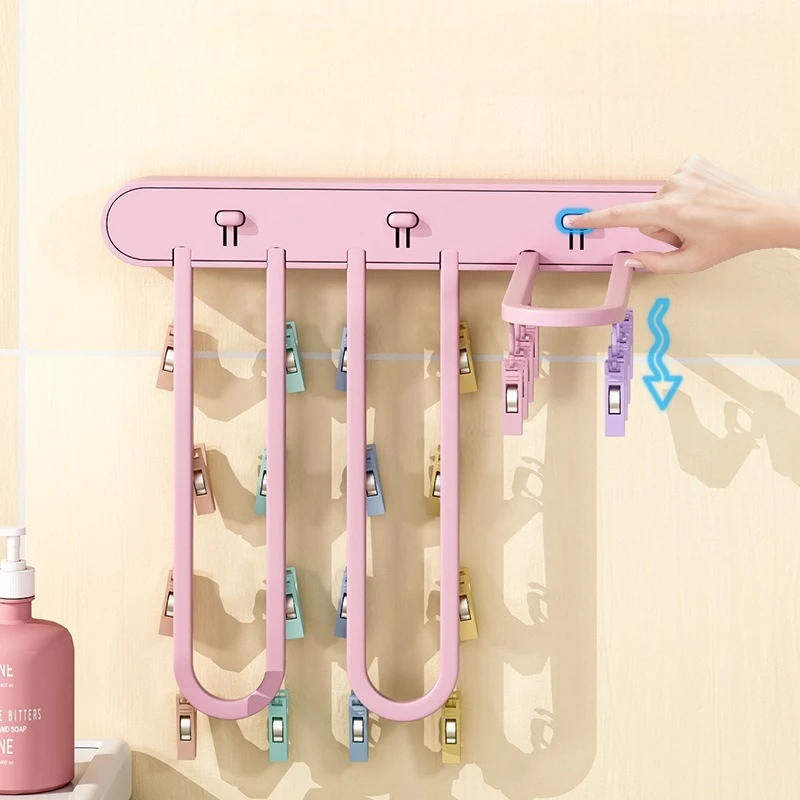Multi-clip Folding Clothes Drying Rack Balcony Sock Drying Rack No Need Drilling Multi-functional Wall-mounted Underwear Tools