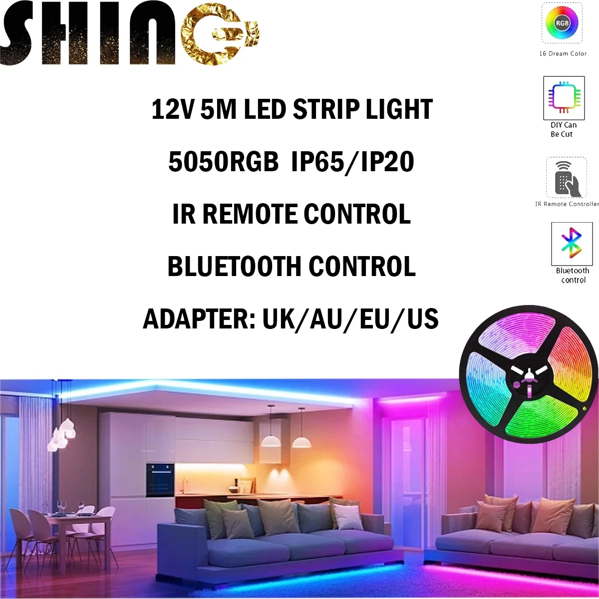 

1-5P Led Strip Light IP65/IP20 Infrared Remote/Bluetooth Control 5050 RGB Lamp for TV Background Party Holiday Decoration