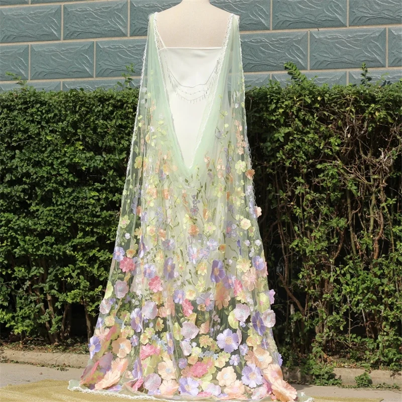 Green 3D Flowers Floral Wedding Bridal Draped Shoulder Cape Veils Lilac Purple Floor Length For Brides Yellow Pink Colorful New