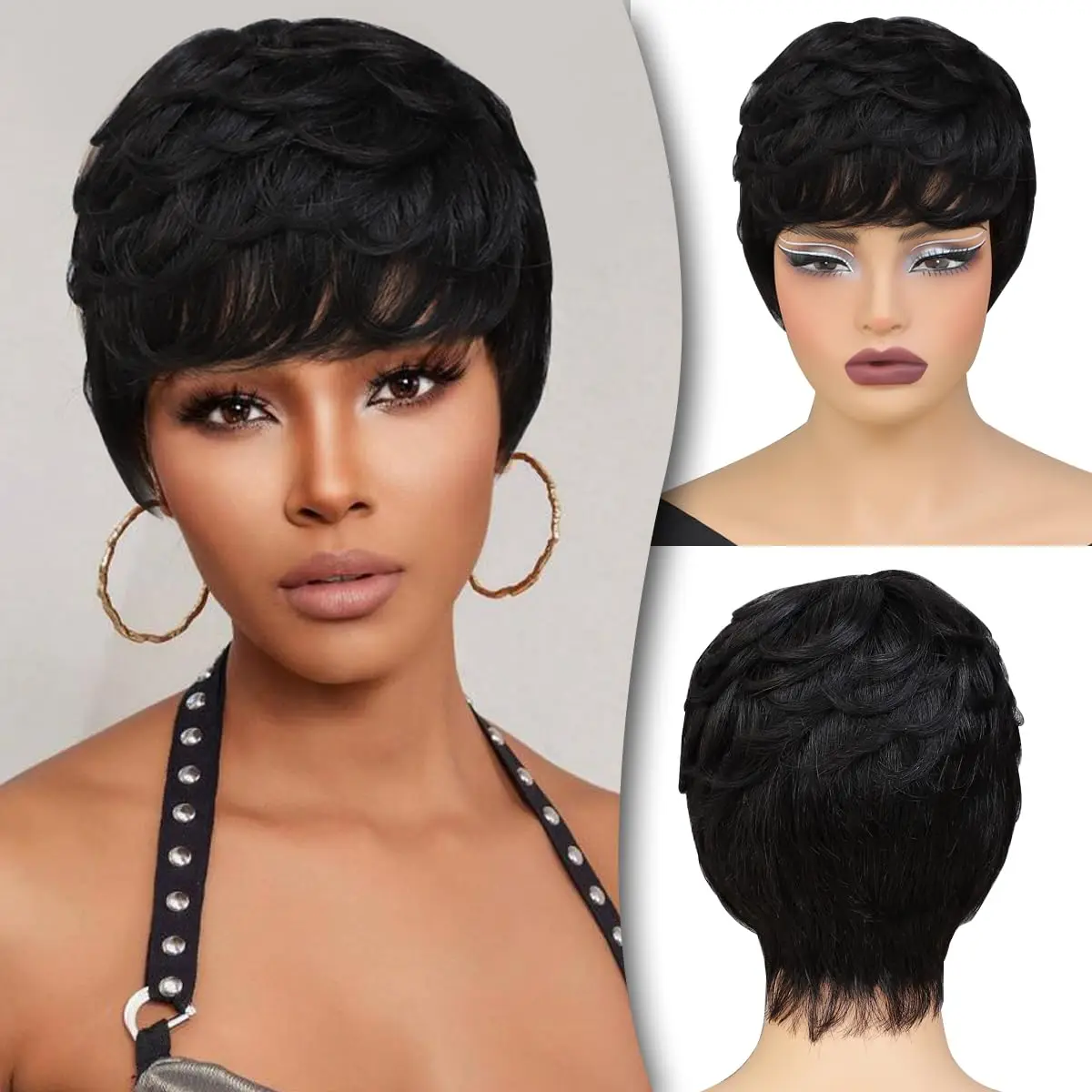 شعر مستعار بشري بقص عابث قصير أسود وأحمر 30 لون مجعد مع غرة، شعر مستعار طبيعي مموج بطبقات كاملة مصنوع آليًا للنساء