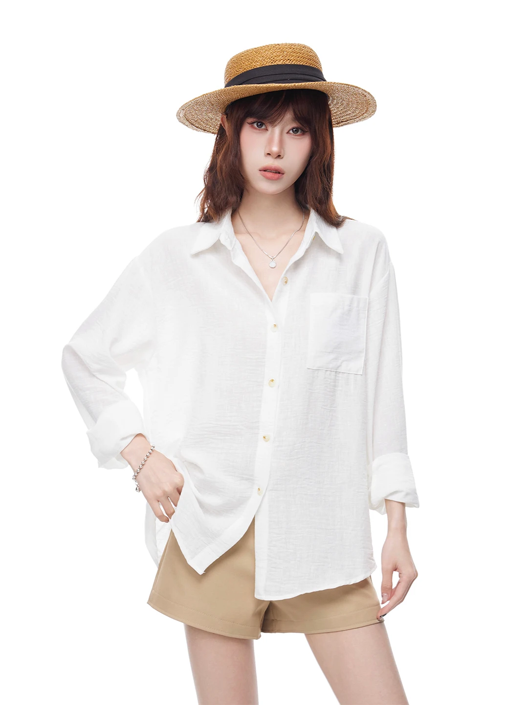 

Женская рубашка свободного кроя с длинным рукавом и воротником, весна-лето, новый корейский стиль, маленький размер, защита от солнца, комфортная модель