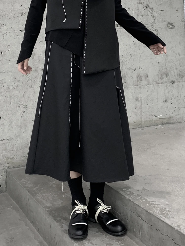 [EAM] High Elastic Waist Black Topstitched Irregular Ra-line Half-body Skirt Women Fashion Tide New Spring Autumn 2024 1DF1073