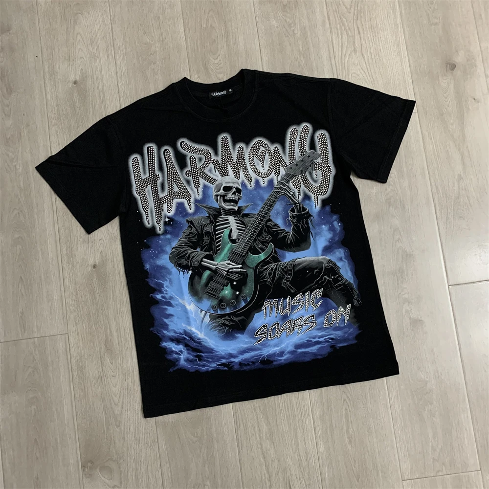 Black HARMONY Rhinestone Music Soars On Skeleton Print Short Sleeved T-shirt T Shirt Men Women High Quality Tee Tops T-Shirt