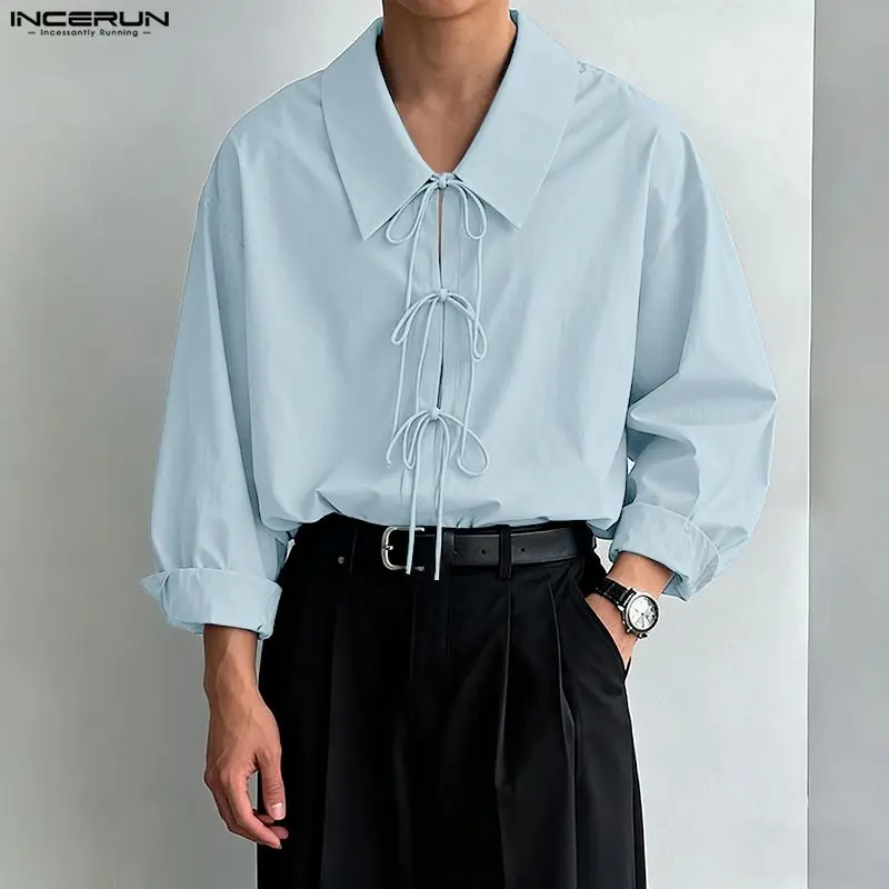

INCERUN Men Shirt Solid Color Lapel Long Sleeve Lace Up Men Clothing Streetwear Loose Hollow Out Fashion Casual Tops Male Shirts