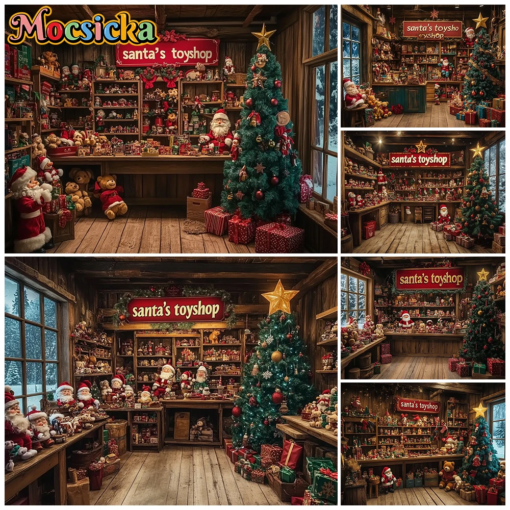 

Mocsicka Santa's Toy Shop Christmas Photography Backdrop Vintage Wooden Cabin Xmas Tree Gift Santa Claus Kids Newborn Background