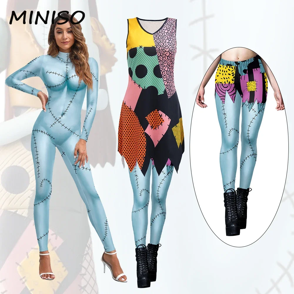 MINISO Disguise Movie Sally Costume Zentai Bodysuit Halloween Cosplay Party Dress Up Woman Gothic Dresses Leggings Jumpsuit